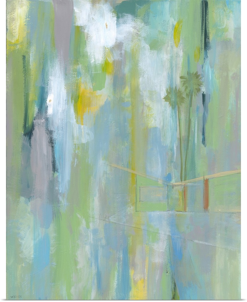 Contemporary abstract painting in shades of green and blue, with subtle palm tree shapes.