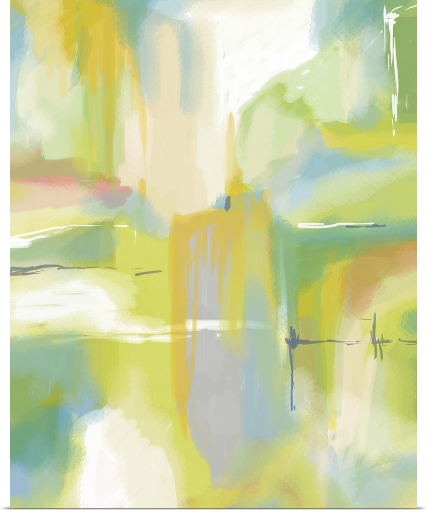 A contemporary abstract with dripping yellow hues and shades of green and blue throughout.