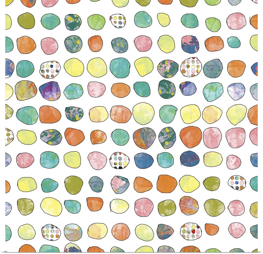 Contemporary artwork of over a hundred dots that are different colors and designs.