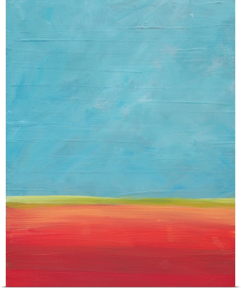 A blue sky and a calm horizon come together in this landscape painting. Red earth and open space.