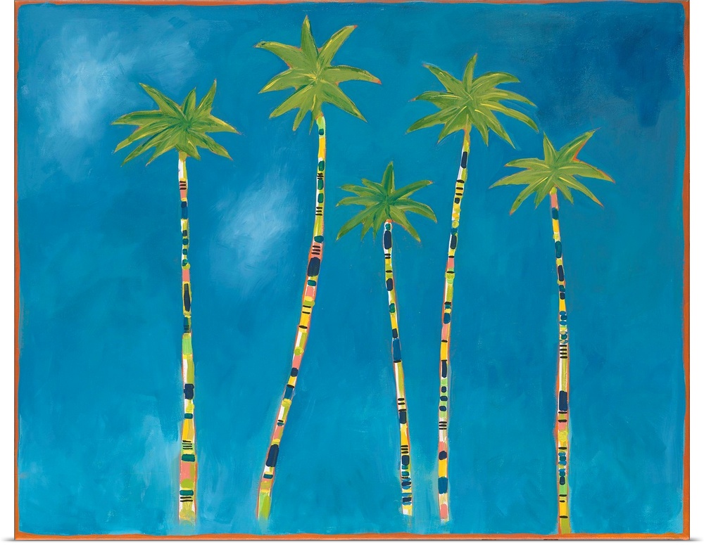 A contemporary painting of a group of palm trees with multi-colored tree trunks and bright green leaves against of brillia...
