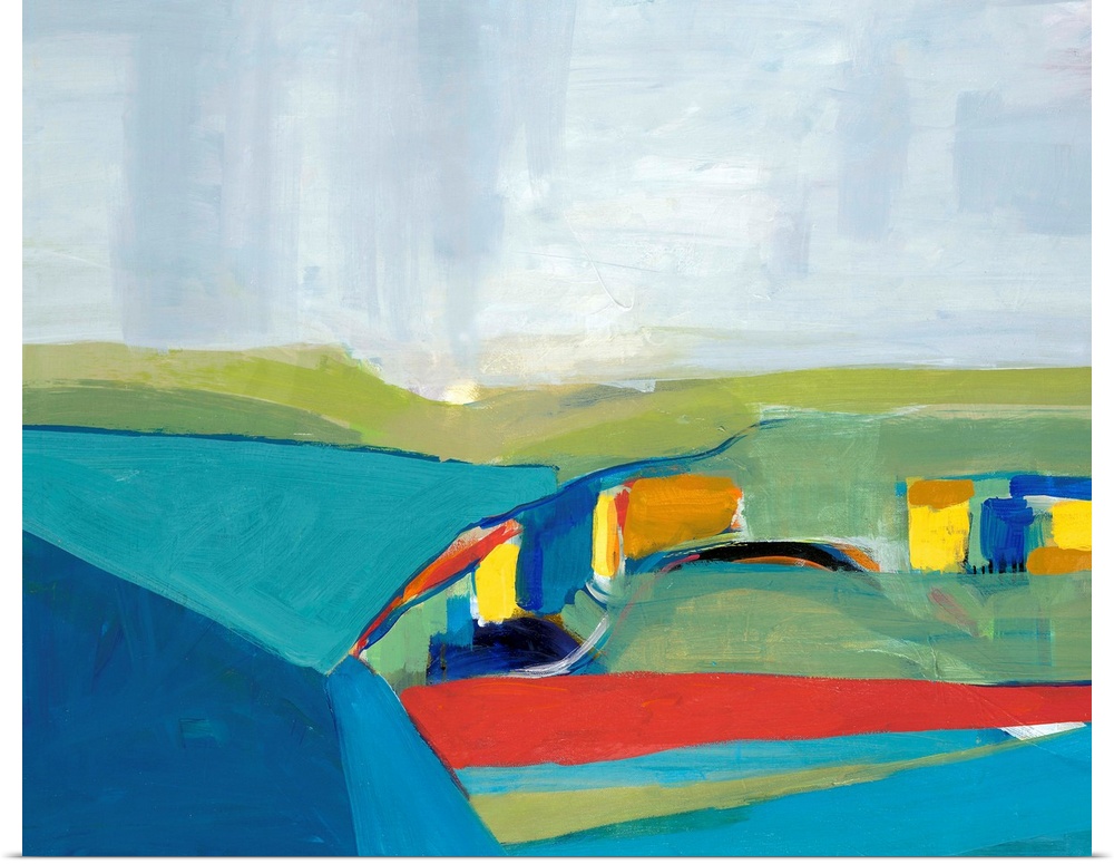 Abstract landscape of rolling hills in multiple colors such as blue, green, red, and yellow.