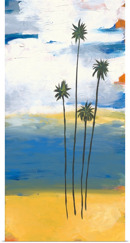 Contemporary artwork of four slender palm trees on the beach with white clouds in the distance.