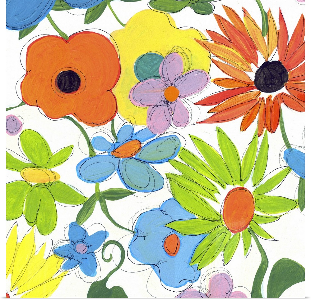 Bright painting of different flowers on a square white canvas.