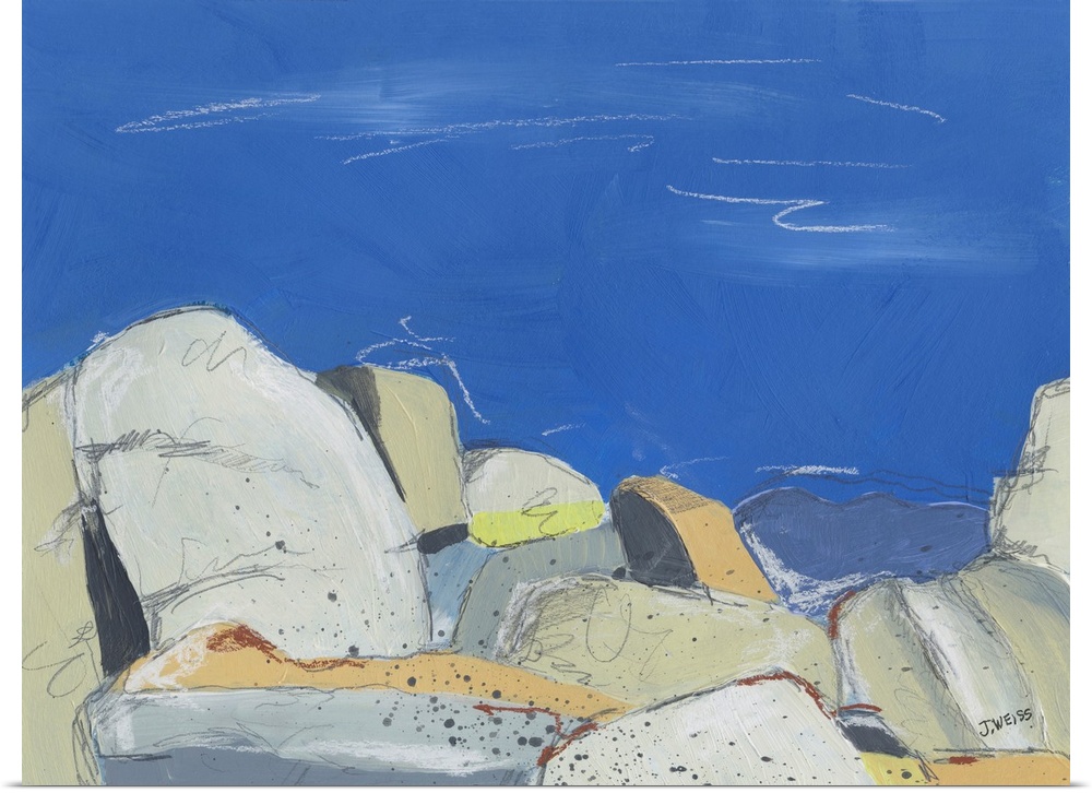 A contemporary abstract landscape with large rounded boulders in neutral shades underneath a clear blue sky