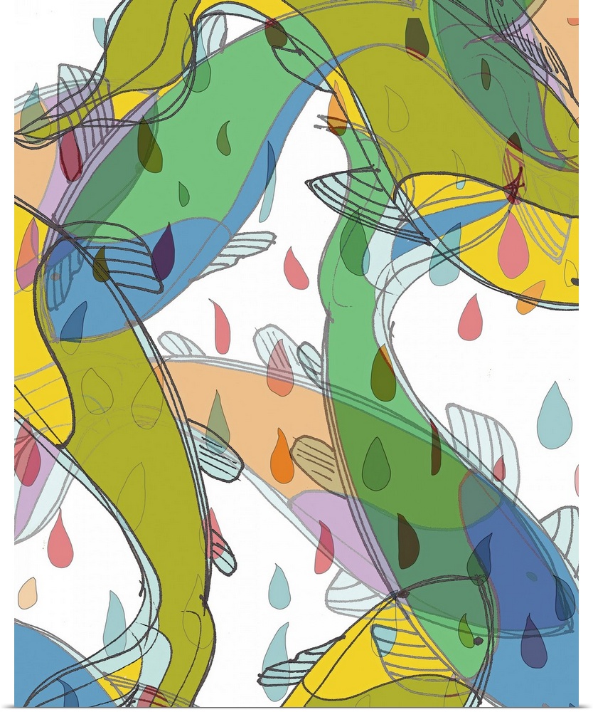 Vertical digital artwork for a living room or office of layered, vibrant koi fish on a white background, with multicolored...