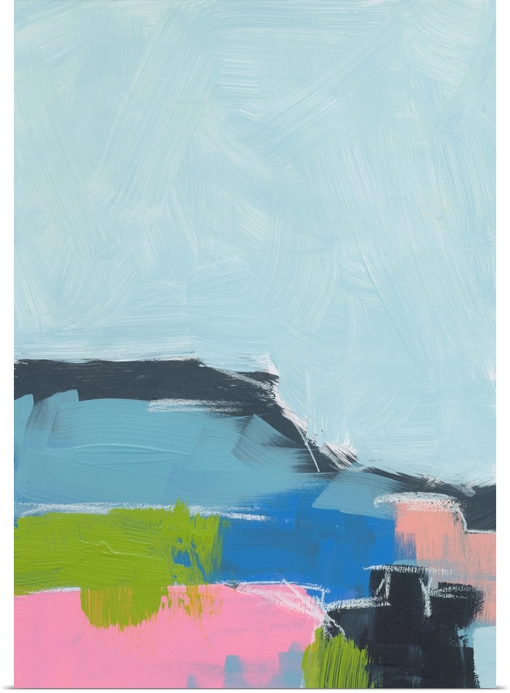 Abstract landscape painting in cool shades of blue, green, and pink.
