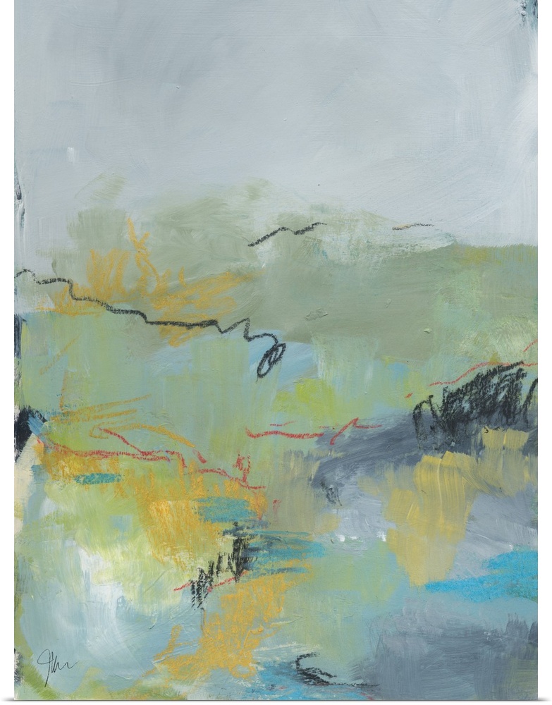 Contemporary artwork featuring an abstract landscape of subdued colors with mark making lines throughout.