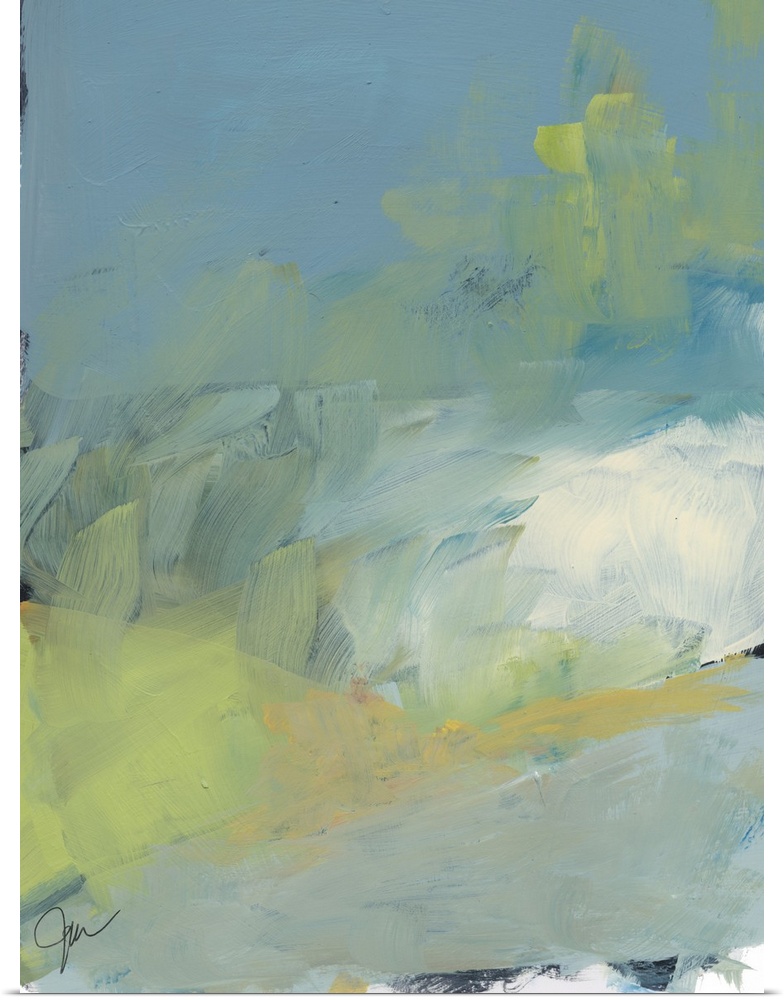Contemporary artwork featuring an abstract landscape of subdued colors in striated brush strokes.