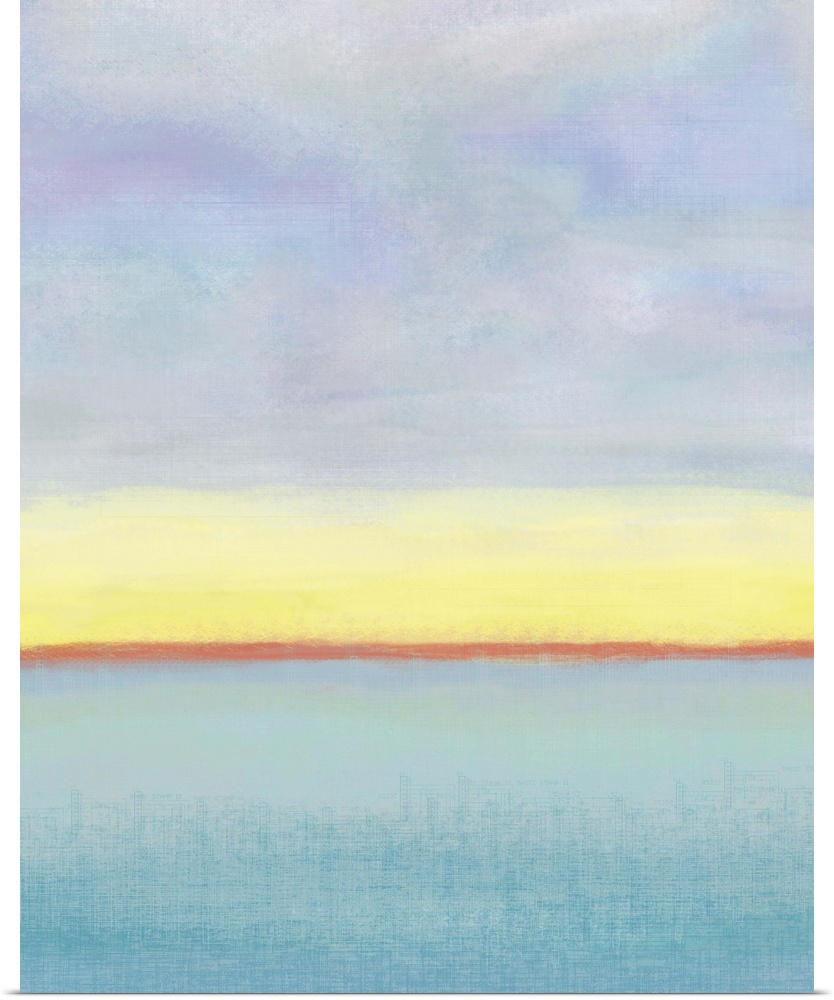 Contemporary abstract artwork resembling a simple seascape with clouds overhead.