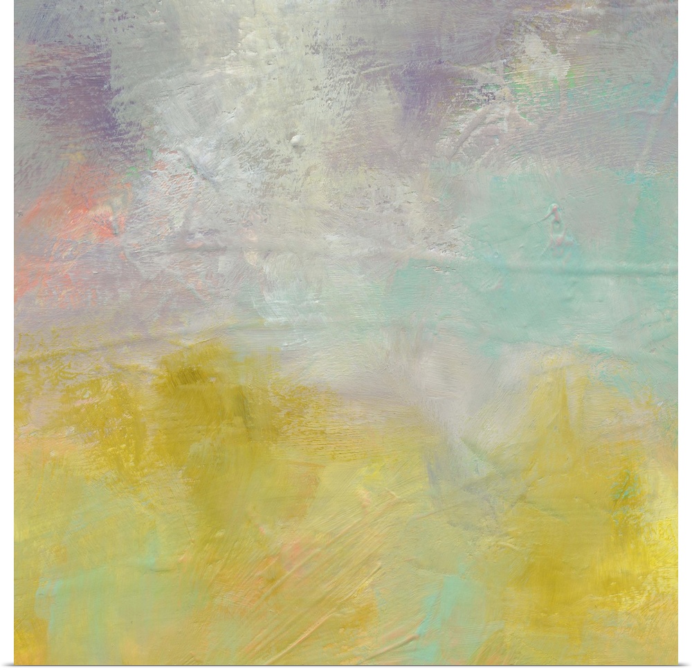 A soft contemporary abstract painting with gray, yellow, teal, and purple hues with a hint of pink.