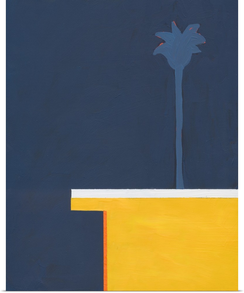 Modern painting of a flat rooftop with a single palm tree rising above it, on a dark blue background.