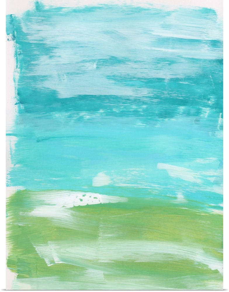 Vertical abstract landscape painting of an ocean using horizontal, broad brush strokes in blue and green.