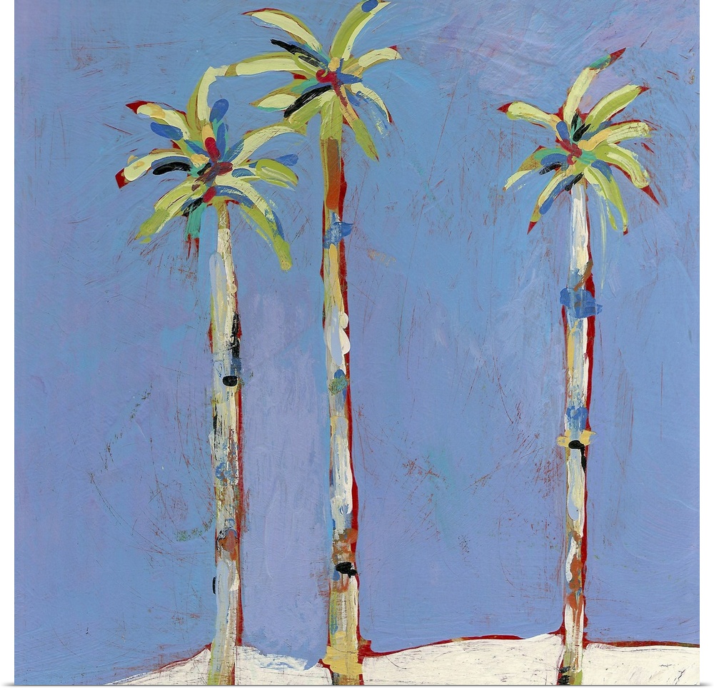 Square, contemporary painting of three tall palm trees against a background of blue. Painted with brushstrokes of all dire...