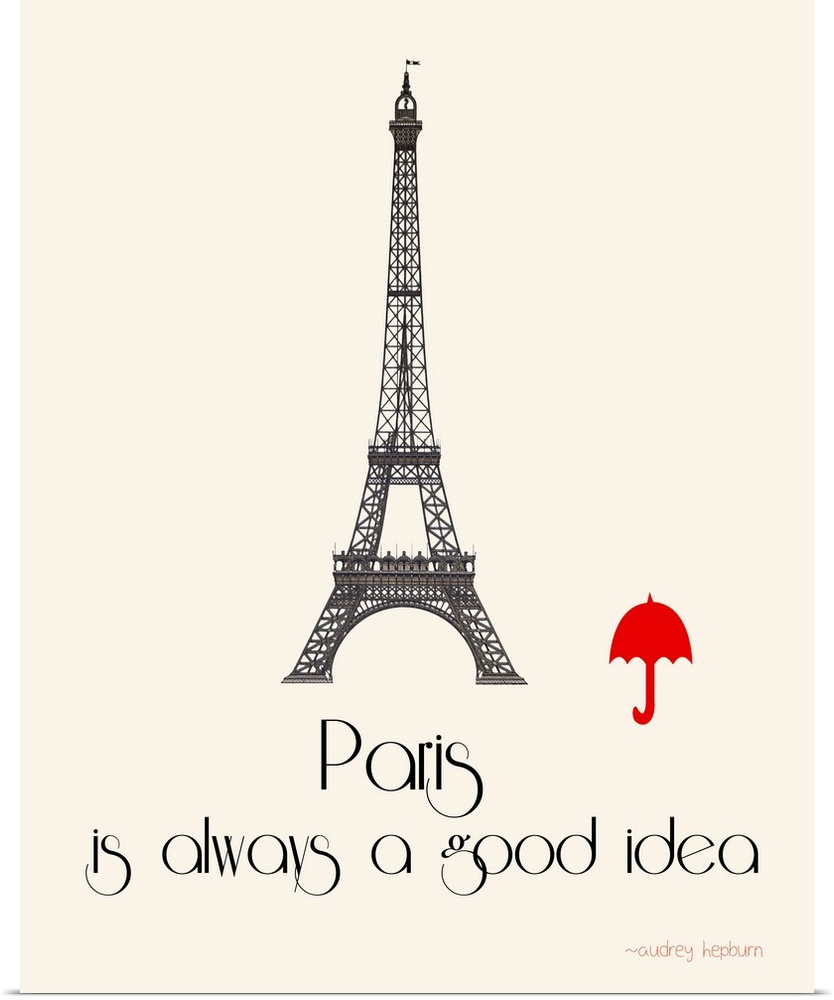 Contemporary minimalist artwork of the Eiffel Tower with a bright red umbrella image next to it.