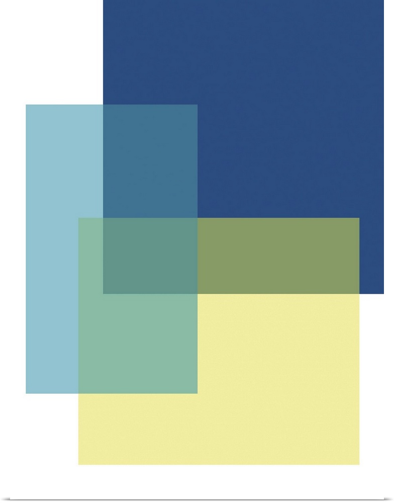 Abstract geometric painting of rectangular overlapping shapes in blue and yellow on white.