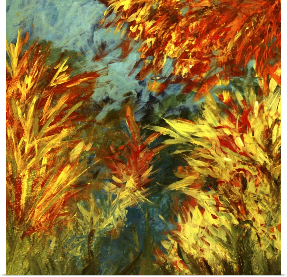 Contemporary artwork of thick colorful brush that has been painted against a cool blue background.