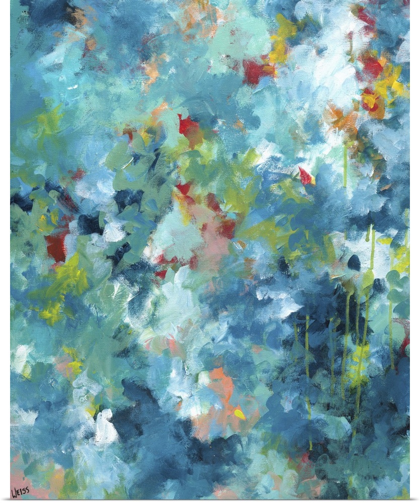 Abstract contemporary painting in teal and green tones, reminiscent of the tones found in a tropical forest.