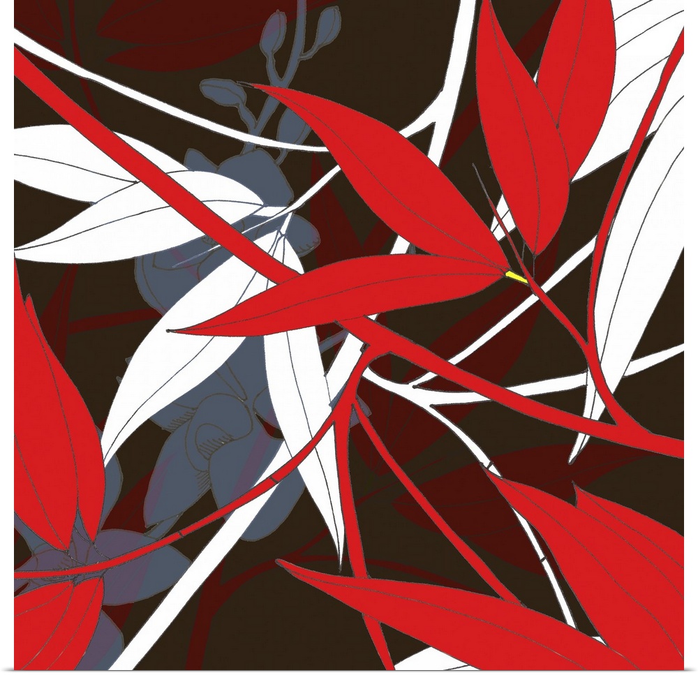 Contemporary artwork of red bamboo with some different colored bamboo and plants drawn behind it.