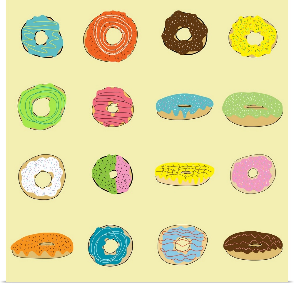 Sixteen Yummy donuts in bright colors - perfect for kitchen, family room, restaurant , game room. Bright pop colors like a...