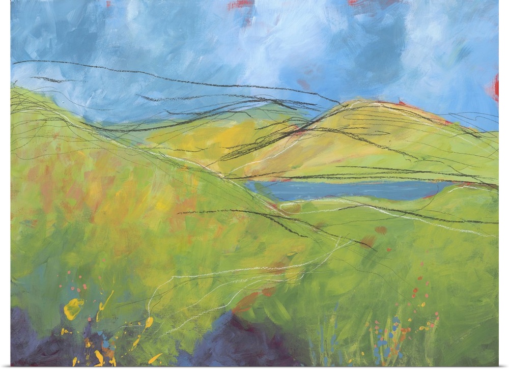Contemporary painting of a landscape with rolling green hills and pastel colored paint splatter representing Spring flowers.