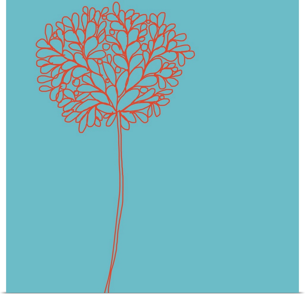 A whimsical tangerine orange tree stands quietly on an aqua background.