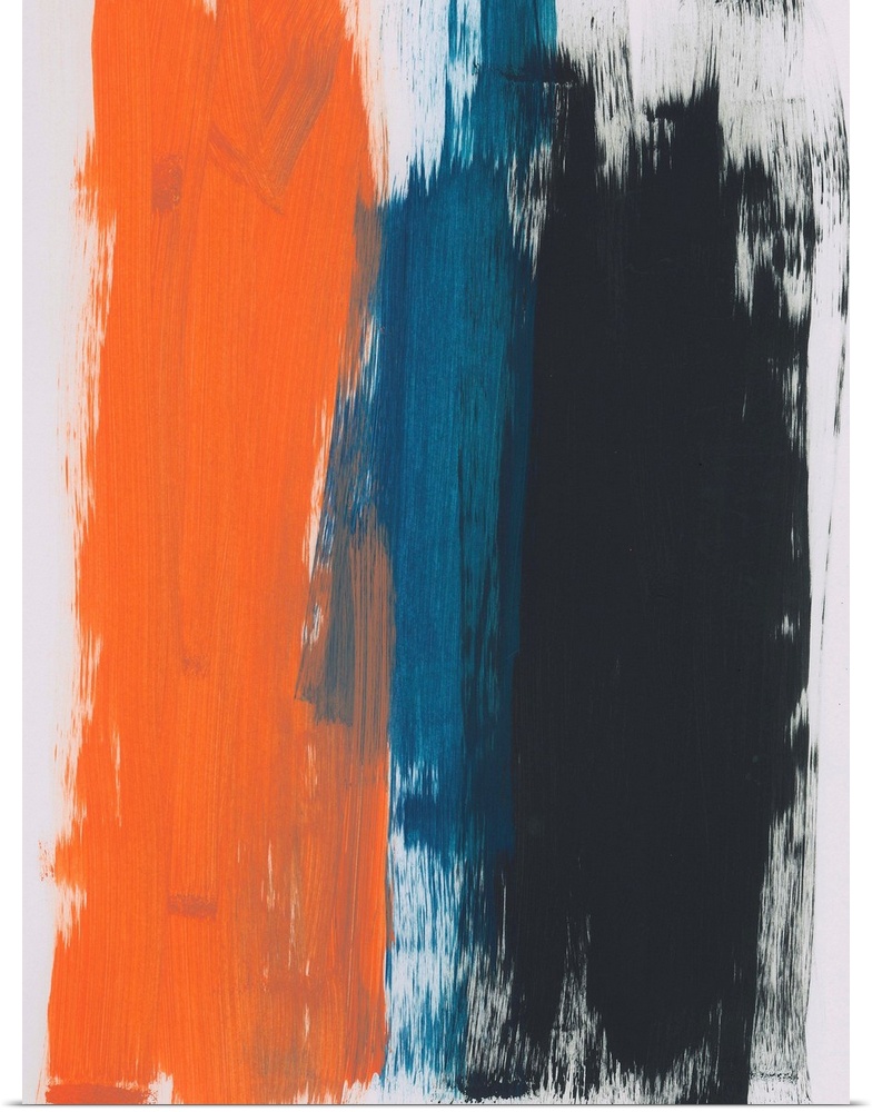 Abstract painting of bold vertical brush strokes in orange, blue and black on a light gray background.