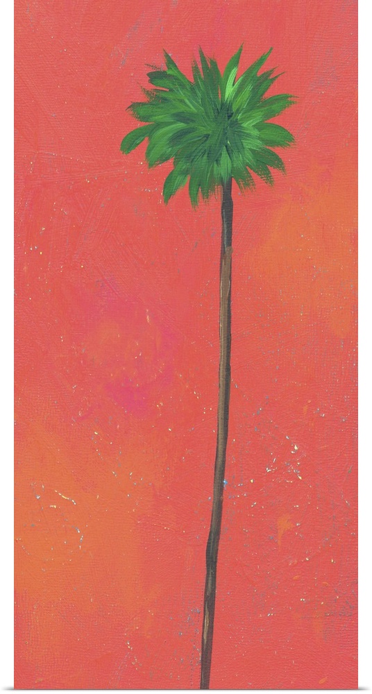 Contemporary artwork of a tall palm tree with a thin trunk against a red background.