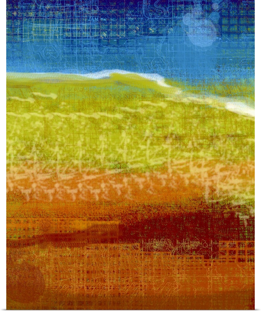 Vertical, large wall hanging of a bold and rich landscape, with repeating shapes and directional lines created digitally.