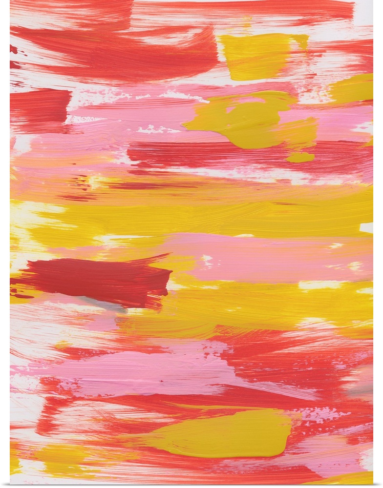 Vertical abstract painting of sweeping horizontal brush strokes in yellow, pink and red.