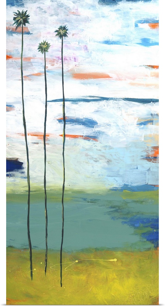 A contemporary abstract painting of three palm trees in a row with long and exaggerated tree trunks and a colorful backgro...