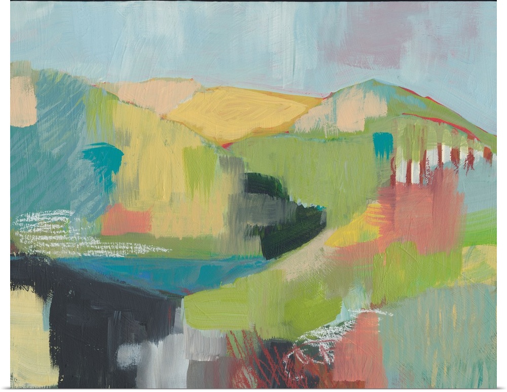 Contemporary painting of a hilly pastel landscape made with patchwork-like brushstrokes.