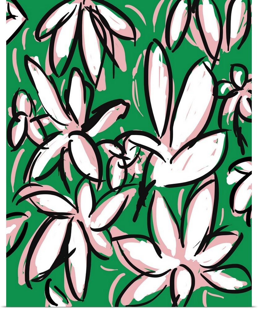 Gestural floral painting of pink and white flowers with dark outlines on green.