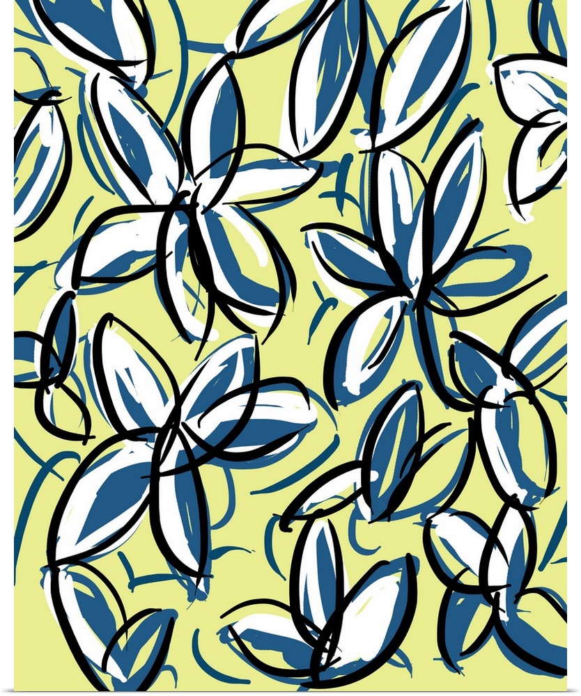 Gestural floral painting of blue and white flowers with dark outlines on yellow.
