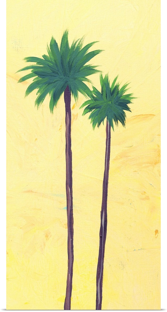 Contemporary artwork of two tall palm trees with thin trunks against a yellow background.