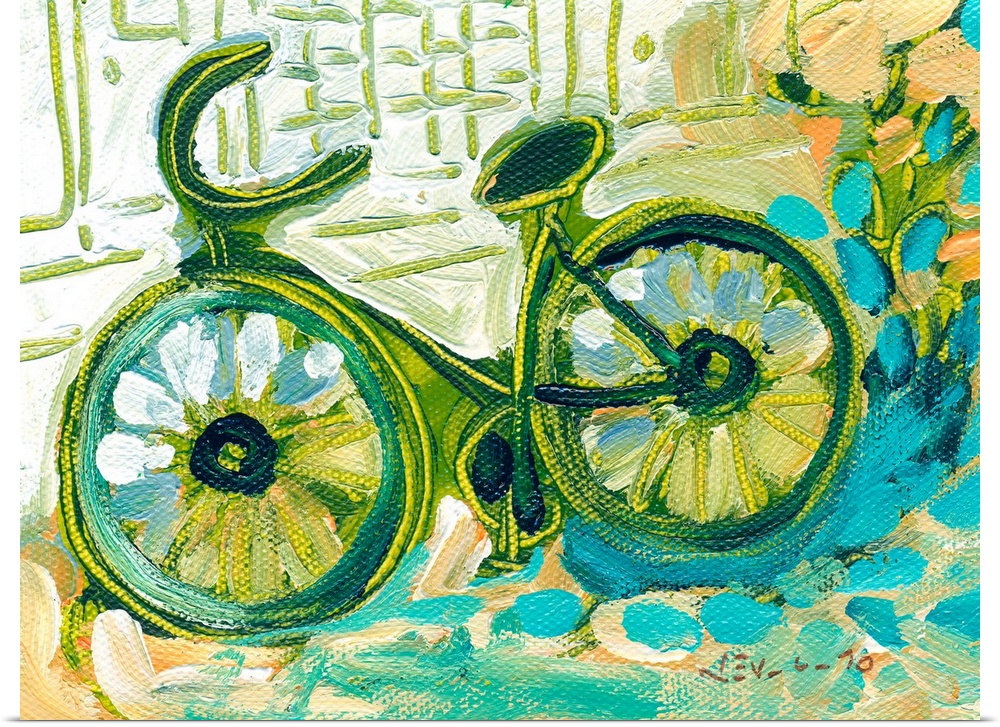 Giant contemporary art focuses on a bike sitting against a building.  Artist uses lots of cool tones and shapes including ...
