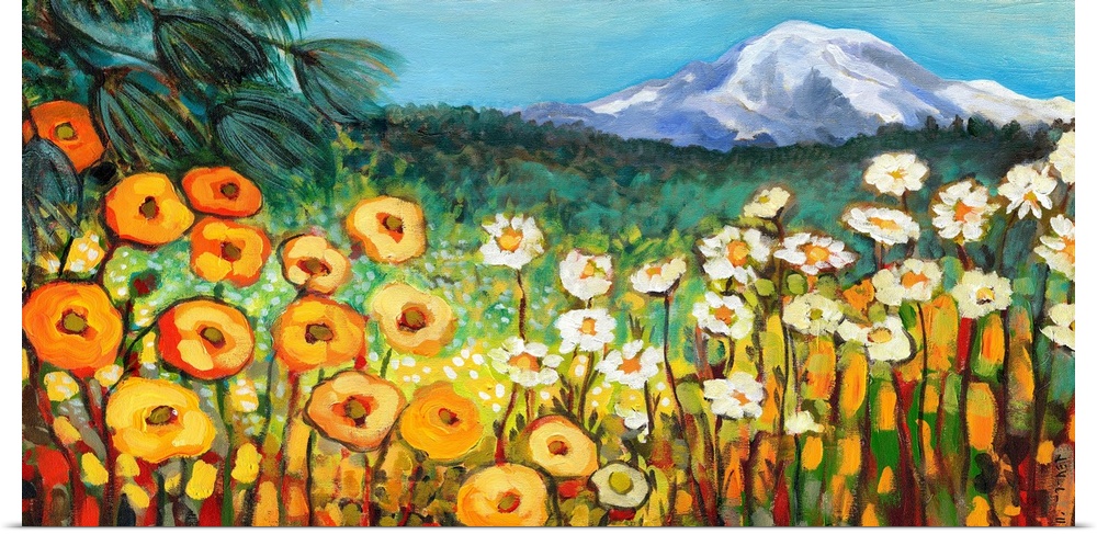 Contemporary painting of a Washington landscape with poppies and other wildflowers in the foreground and Mount Rainier in ...