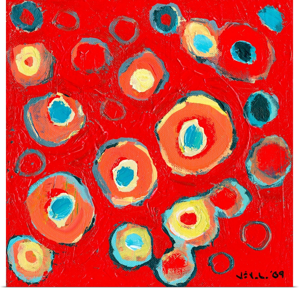 Large abstract painting featuring various vibrantly-colored circular designs inside one another on a bright background.