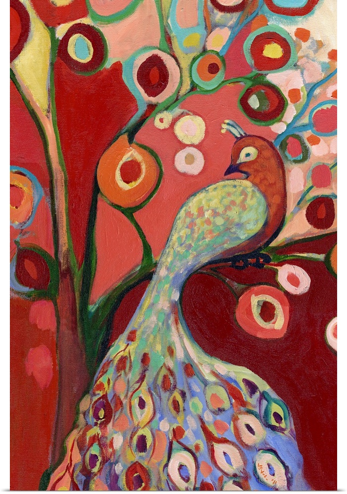 Vertical, contemporary painting on a giant wall hanging of a colorful bird with long tail feathers, perched on the branch ...