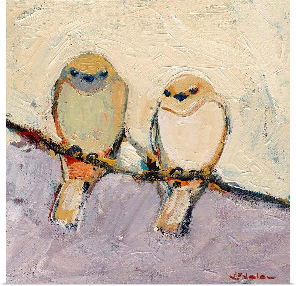 This is a square shaped canvas is a painting of two birds sitting together on a branch.