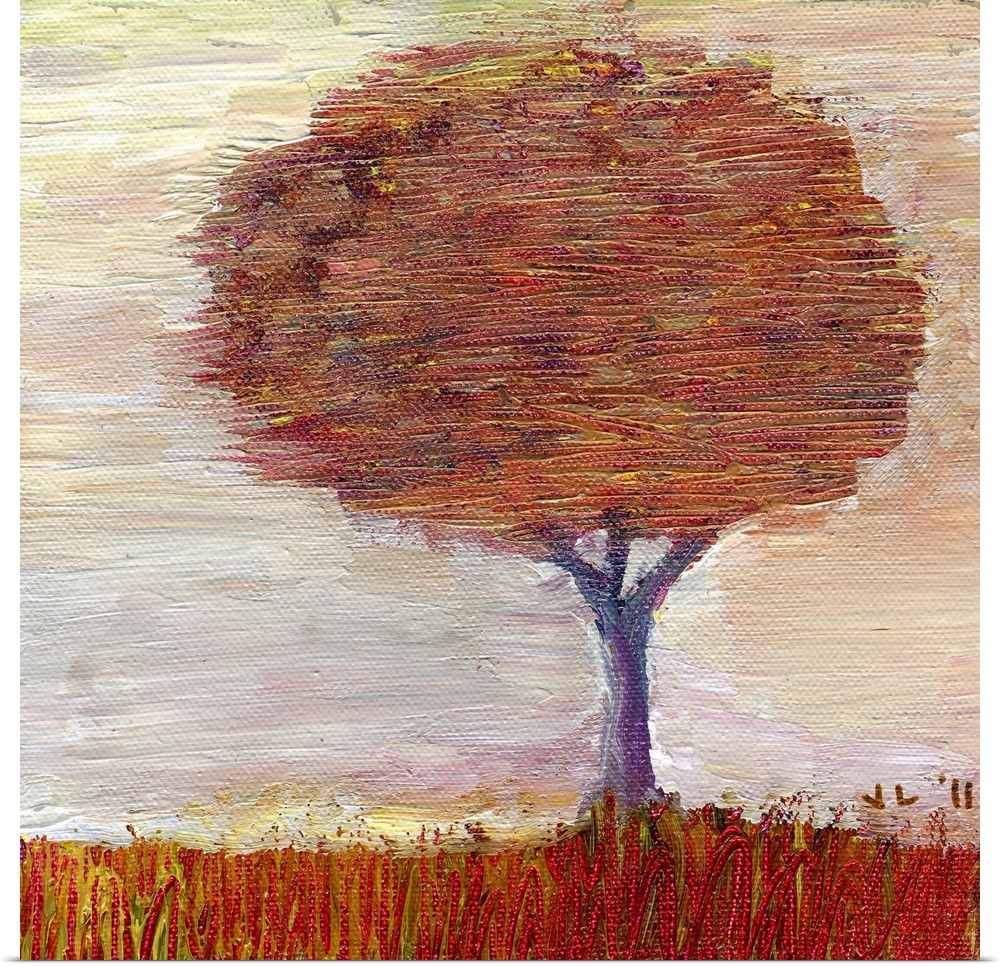 Painting of large tree covered in fall leaves.