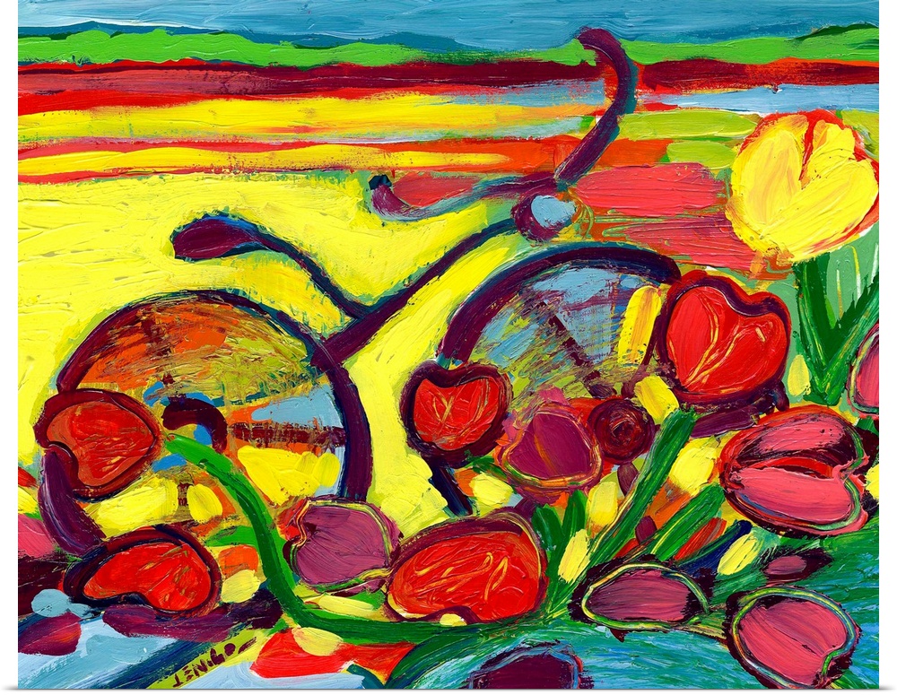 This abstract painting shows a stylized bicycle parked behind a cluster of heart shaped tulips.