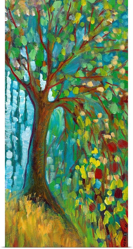 Panoramic contemporary art portrays a lone tree filled with brightly colored leaves sitting on a grassy hill.
