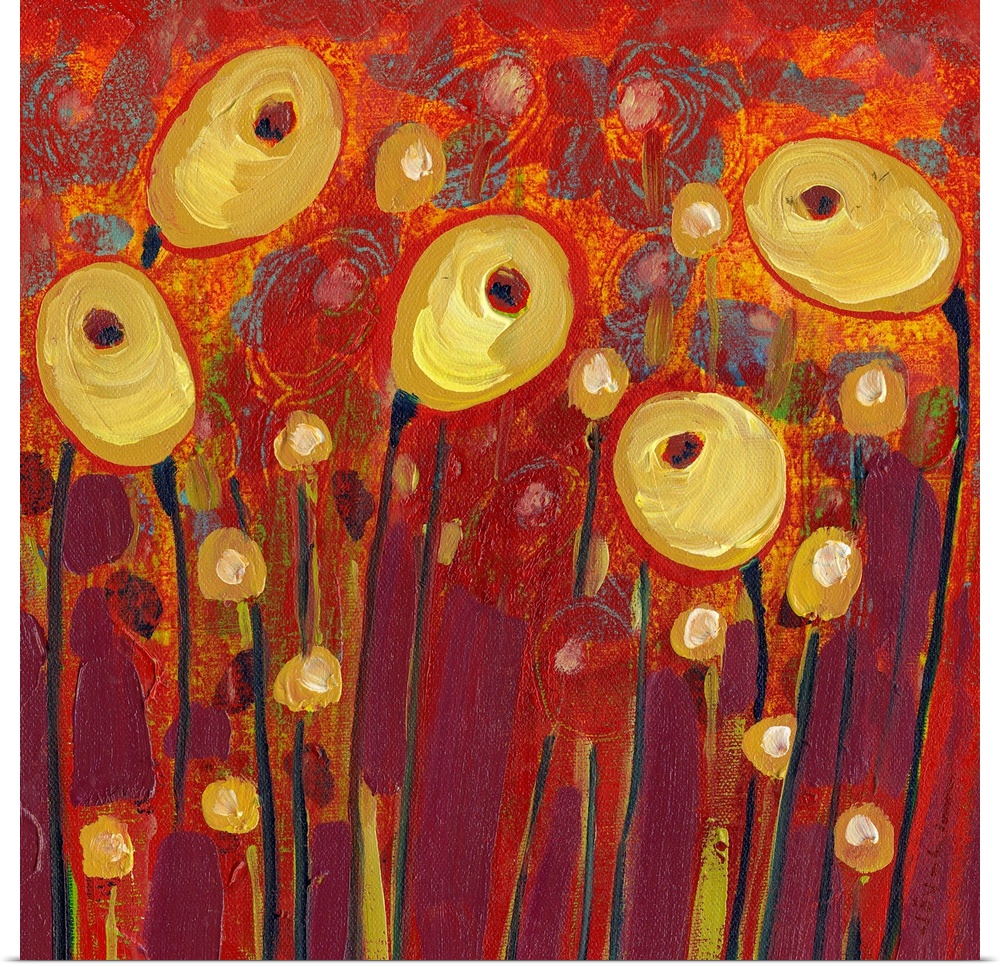 Five floral pods stand out against a richly painted background in this wall art by a contemporary artist.