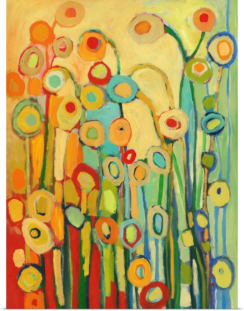 Vertical, abstract painting of simplified flower shapes in a kaleidoscope of colors.
