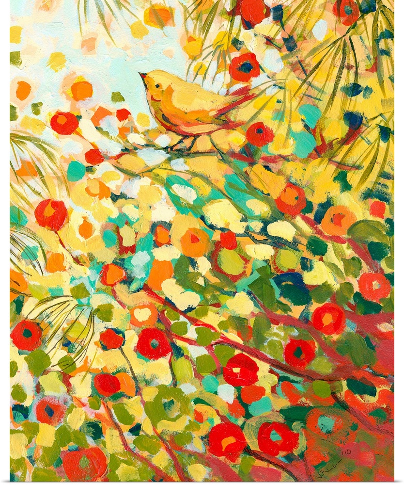 This contemporary painting is a colorful blast of abstract and organic dabs of paint create a scene of a bird resting on a...