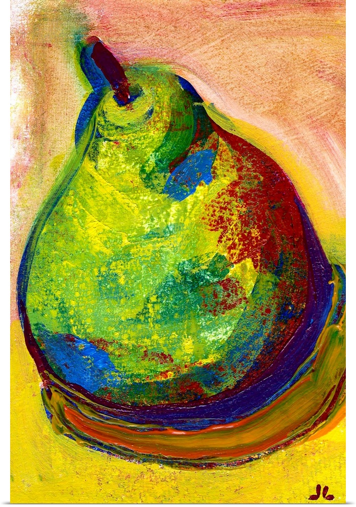 A piece of contemporary artwork of a drawn pear that uses various colors for shading and shadowing.