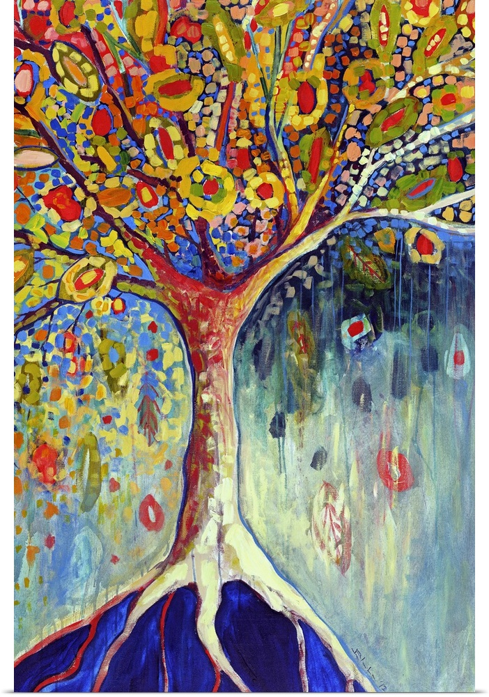 Abstract painted canvas of a tree with long roots and different shaped leaves.