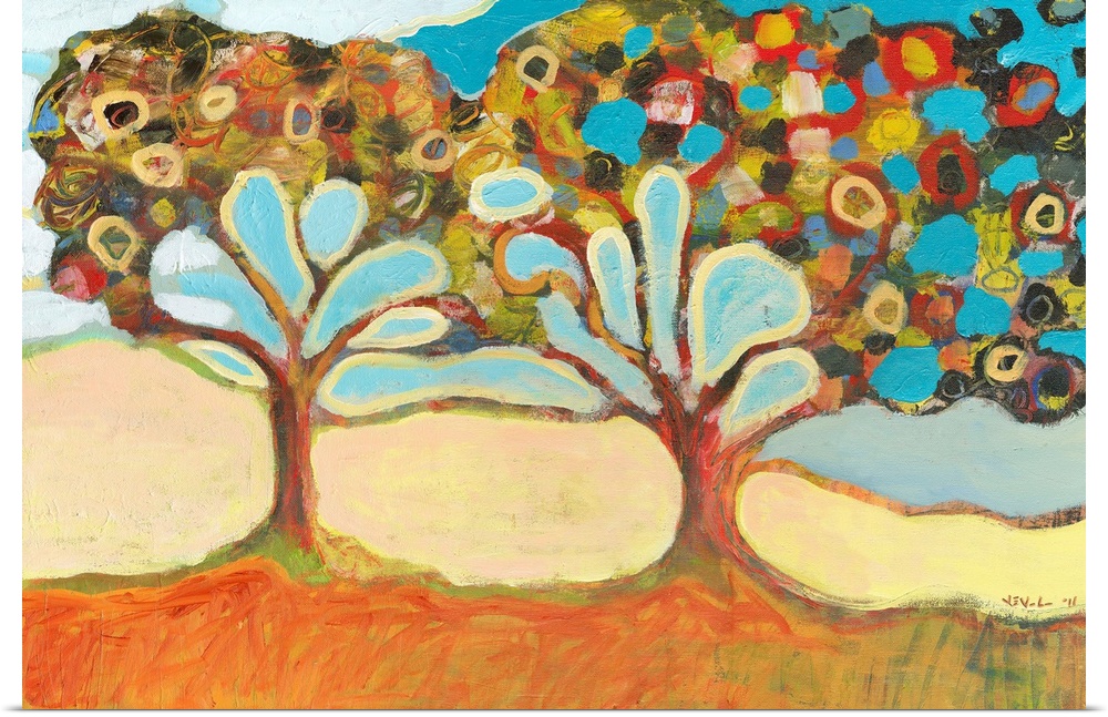 Large, horizontal, contemporary painting of two colorful trees with branches that appear to have grown together.
