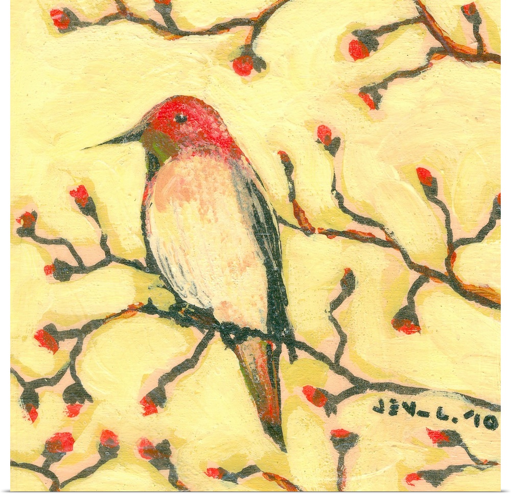 Contemporary painting of bird sitting on and surrounded by branches filled with flower buds.